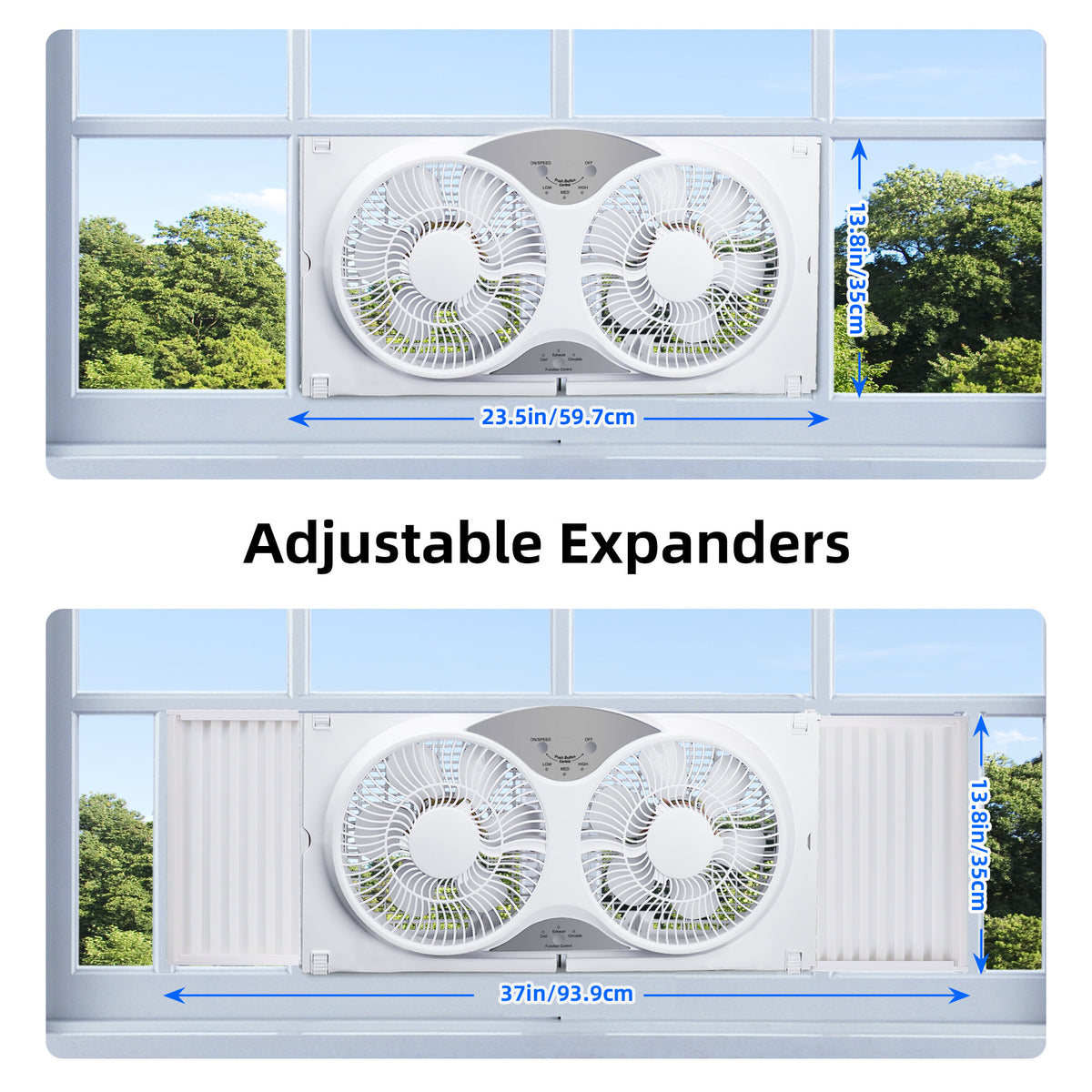 Twin Window Fan with 9-Inch Design, Reversible Airflow and Three Speeds, Listed 23.8-37 Inch Expandable Width with Remote or Timer Options for Home Bedrooms