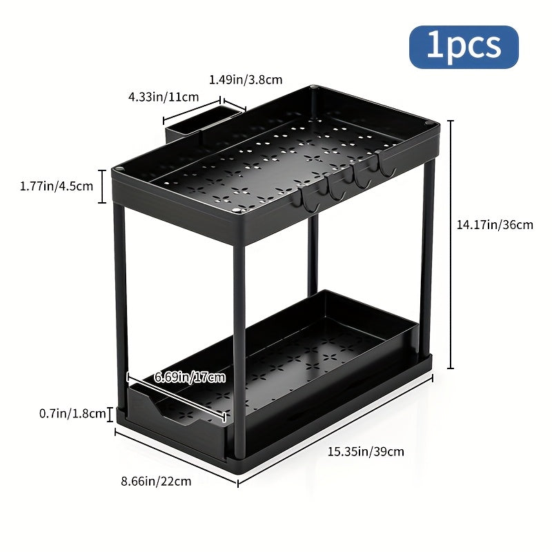 Hook and Bucket Under Sink Organizer, Two-Tier Sliding Cabinet Storage Rack with Listed Five Hooks and One Bucket, Single or Double Options for Kitchen and Bathroom