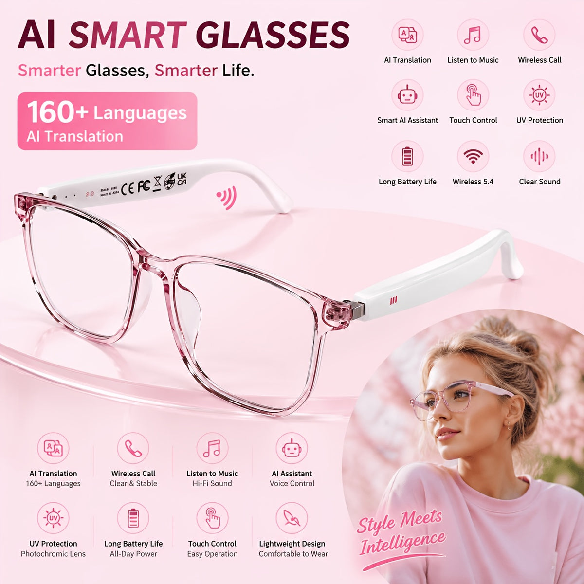 Voice and Video Translation Smart Glasses, Listed 160+ Language AI Audio Eyewear with Built-In Microphones and Speakers for Calls, Travel and Work