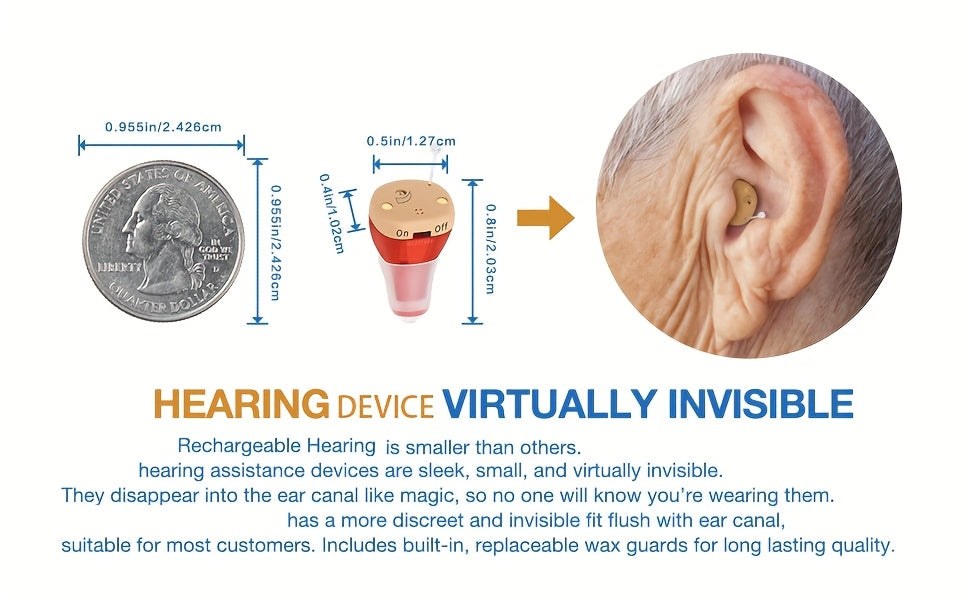 In-Ear Rechargeable Hearing Amplifier Pair with Listed Charging Case, K19RC and K19S Model Labels in Beige, RedBlue or Black for Adult Device Comparison