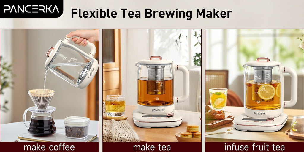 Electric Glass Tea Maker by PANCERKA, 1.8L Multifunction Kettle with Infuser and Detachable Filter in Beige for Home Tea Brewing & Kitchen Use