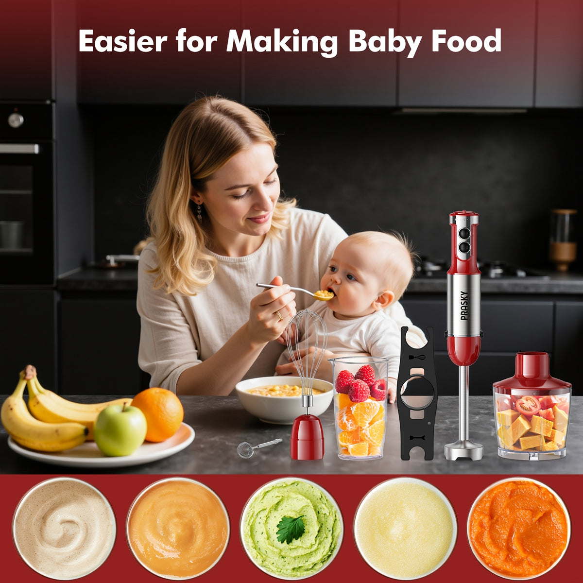 Immersion Blender Set with 5-in-1 Handheld Design, Whisk, Measuring Cups and Meat Chopper Attachments for Everyday Kitchen Prep in Red or Black