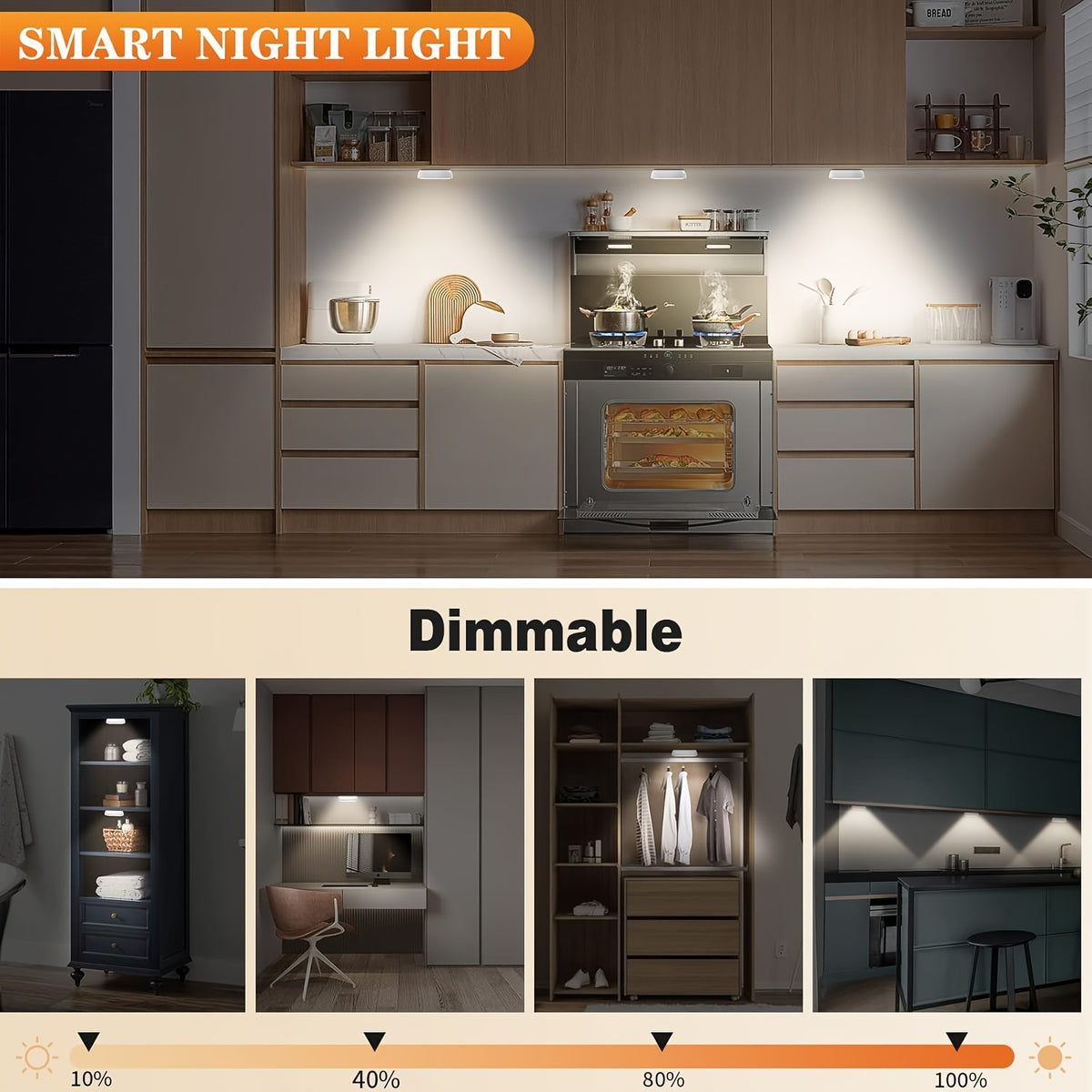 Dimmable Motion Sensor Night Lights, Six-Pack Bright White or Warm White LED Options with USB Rechargeable and Magnetic Mounting References for Indoor Spaces