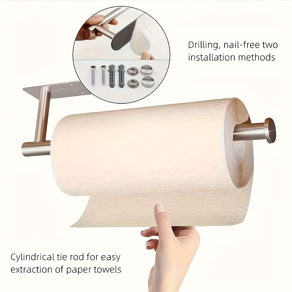 Self-Adhesive Paper Towel Holder in Stainless Steel, Single No-Drill Wall-Mounted Roll Organizer in Silvery or Black for Kitchen and Bathroom Storage