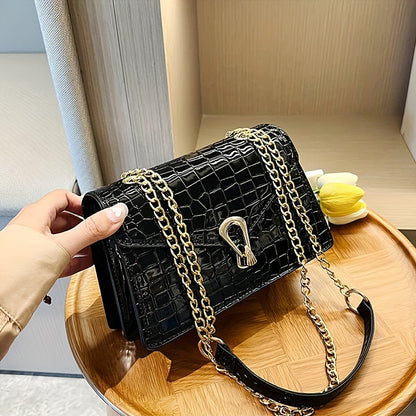 Reptile-Pattern Crossbody Bag for Women with Chain Strap Styling and Gold-Tone Hardware, White, Green or Rose Red Shoulder Purse for Casual and Evening Outfits