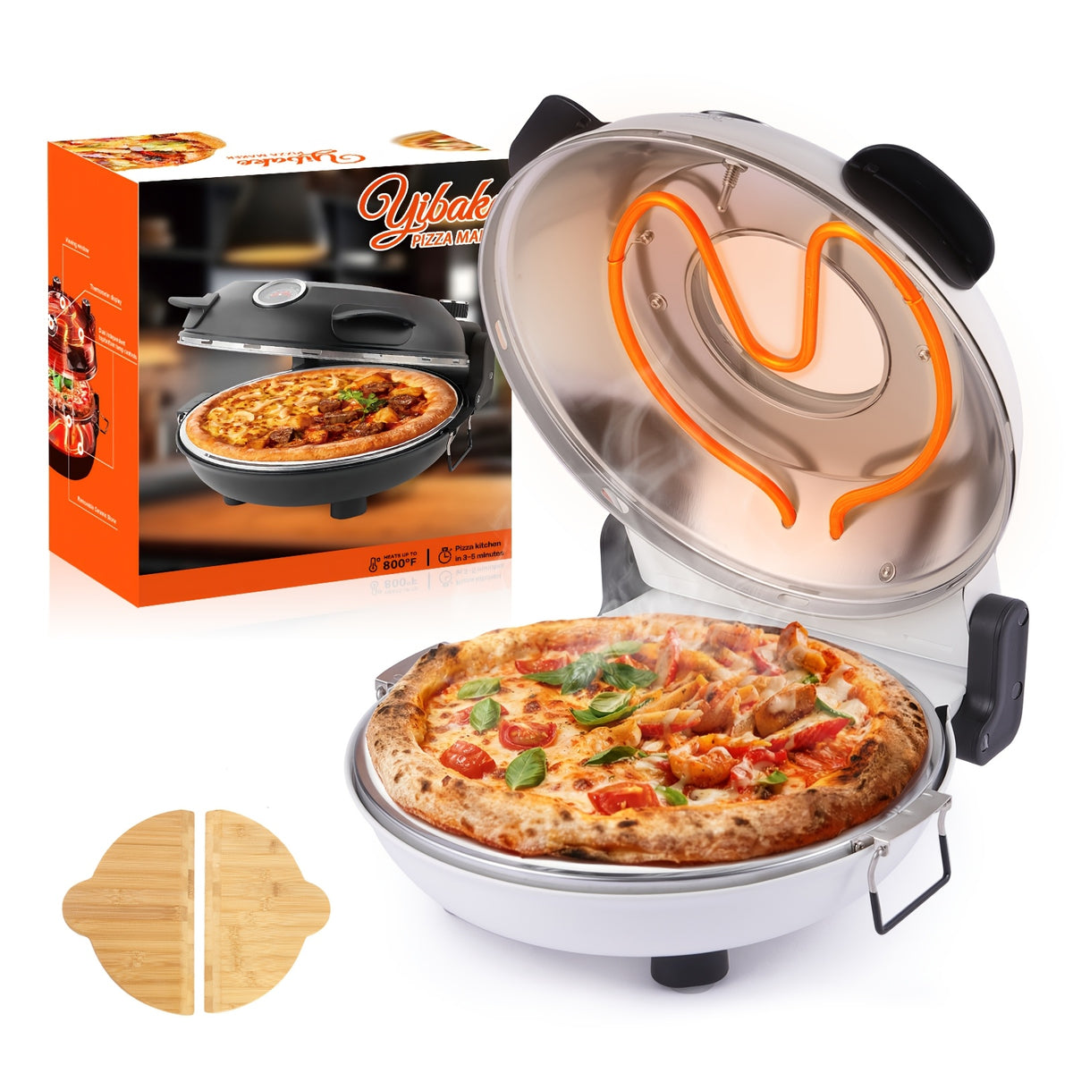 Indoor Pizza Oven by YIBAKE, White Countertop Pizza Maker and Grill for Home Pizza Nights, Listed 12-Inch Pizza Size and Maximum 800°F Heating