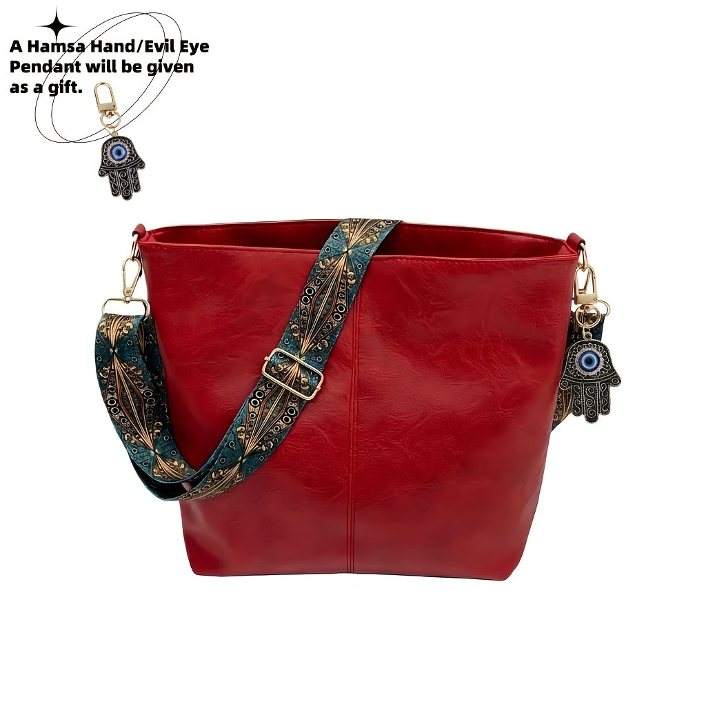 Bohemian Hobo Crossbody Bag for Women with Geometric Strap and Hamsa Hand/Evil Eye Pendant, Large-Capacity Retro Shoulder Handbag in 11 Colors