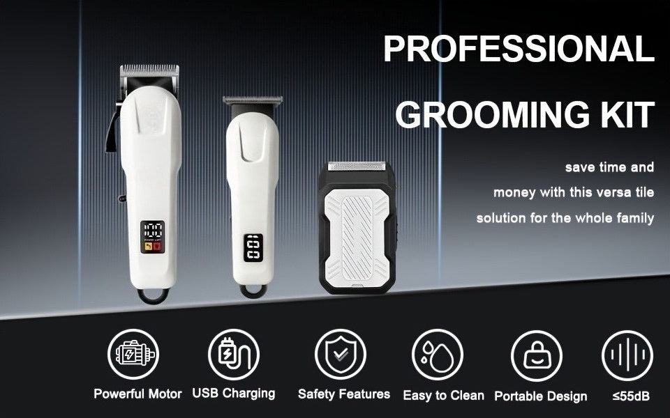Electric Grooming Kit in White with Two or Three-Piece Option Labels, Listed Razor and Clipper, Digital Screen and USB Rechargeable Design for Home Hair Care