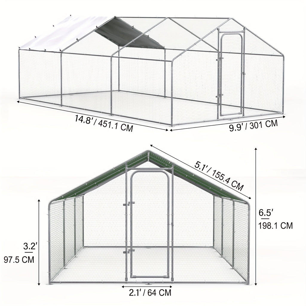 Metal Poultry Run Enclosure by SNDM, Outdoor Chicken Coop Cage with Listed Partial Cover, Mesh Walls, Access Doors and Latches in Three Unit Options