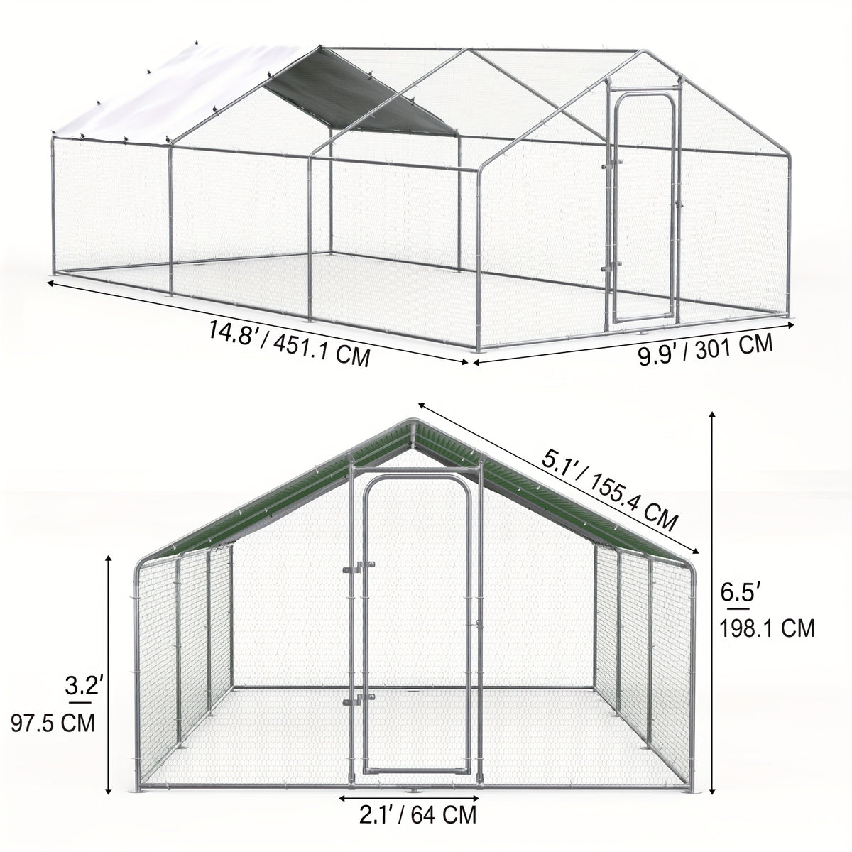 Metal Poultry Run Enclosure by SNDM, Outdoor Chicken Coop Cage with Listed Partial Cover, Mesh Walls, Access Doors and Latches in Three Unit Options