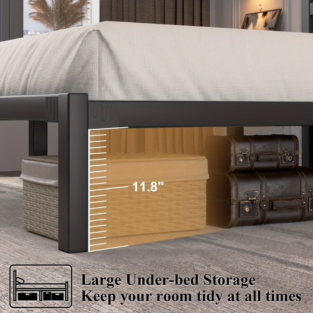 Metal Slat Platform Bed Frame with Slatted Headboard and Under-Bed Storage Space, No Box Spring Needed, Black or White in Twin, Full, Queen and King