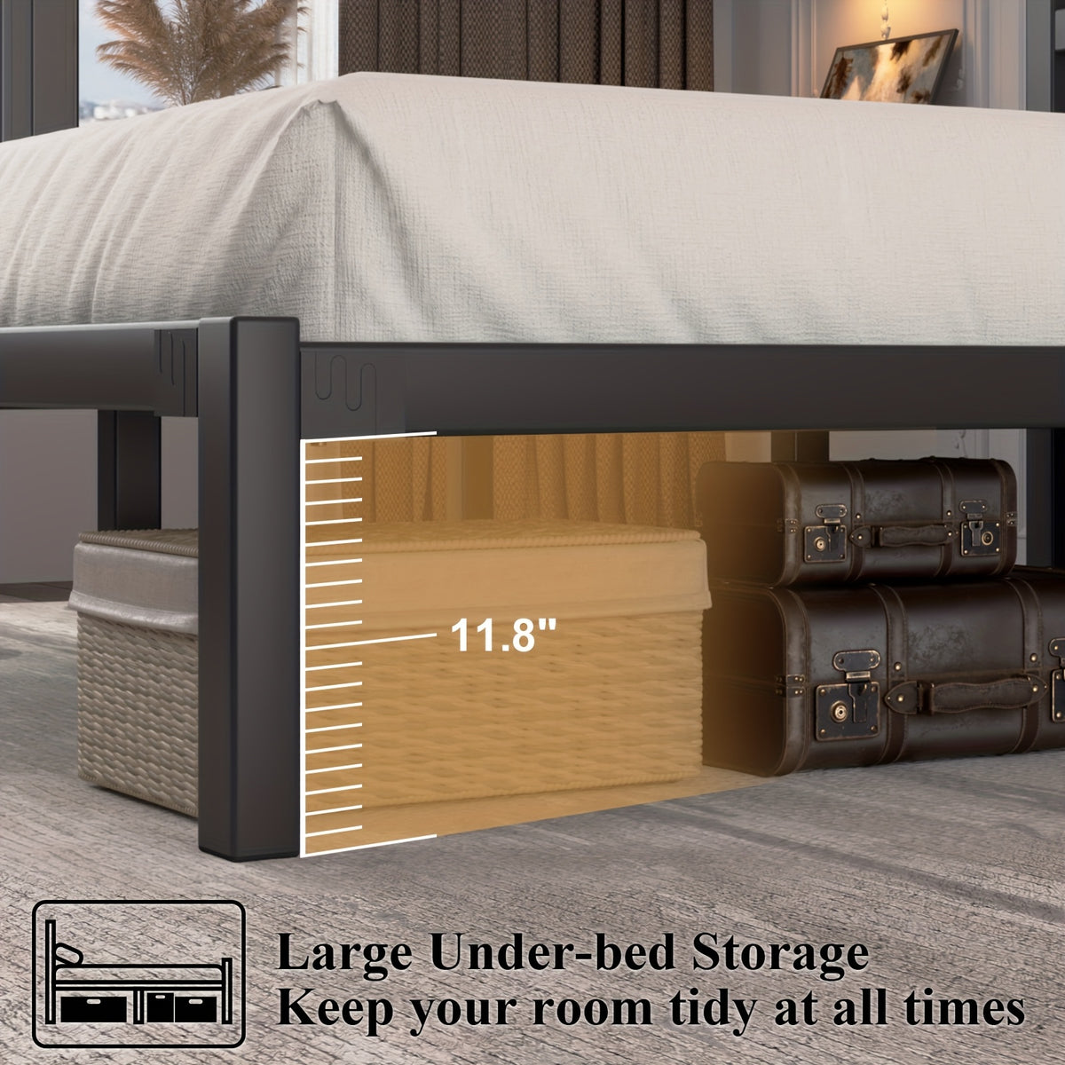 Metal Slat Platform Bed Frame with Slatted Headboard and Under-Bed Storage Space, No Box Spring Needed, Black or White in Twin, Full, Queen and King