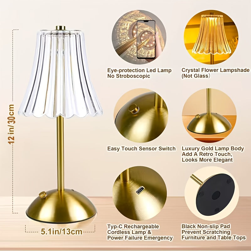 1/2 Retro Mini Lamp | Suitable for Home, Dining Table, Restaurant-wireless Desk Lamp, Golden Rechargeable, USB Charging, 12-inch High LED Copper Portable Indoor/outdoor Desk Lamp, 3-color LED, Touch Control, Non-dimmable, Ideal for Halloween