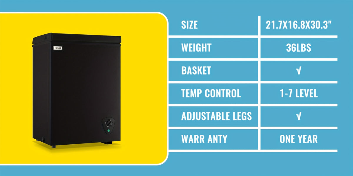 Compact Chest Freezer by WANAI with Seven Temperature Settings, Removable Basket and Top-Opening Hinged Door, WA-Black or WA-White Options for Home Storage