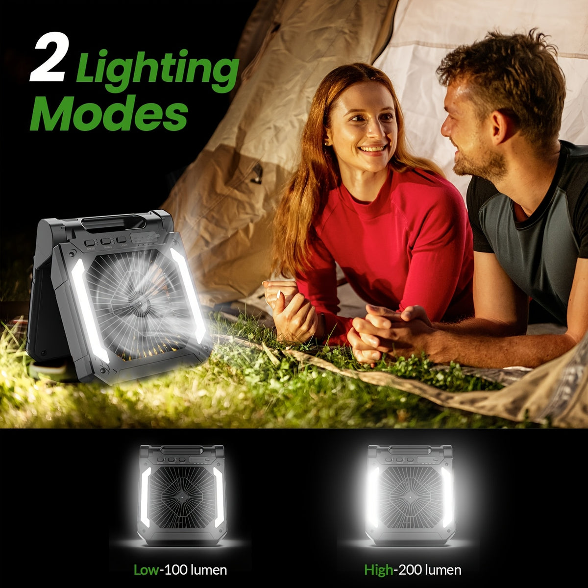 Six-Speed Camping Fan with Light and Digital Display, Listed 10000mAh Rechargeable Battery and 120° Oscillation for Tent Airflow in Orange, Black or Green