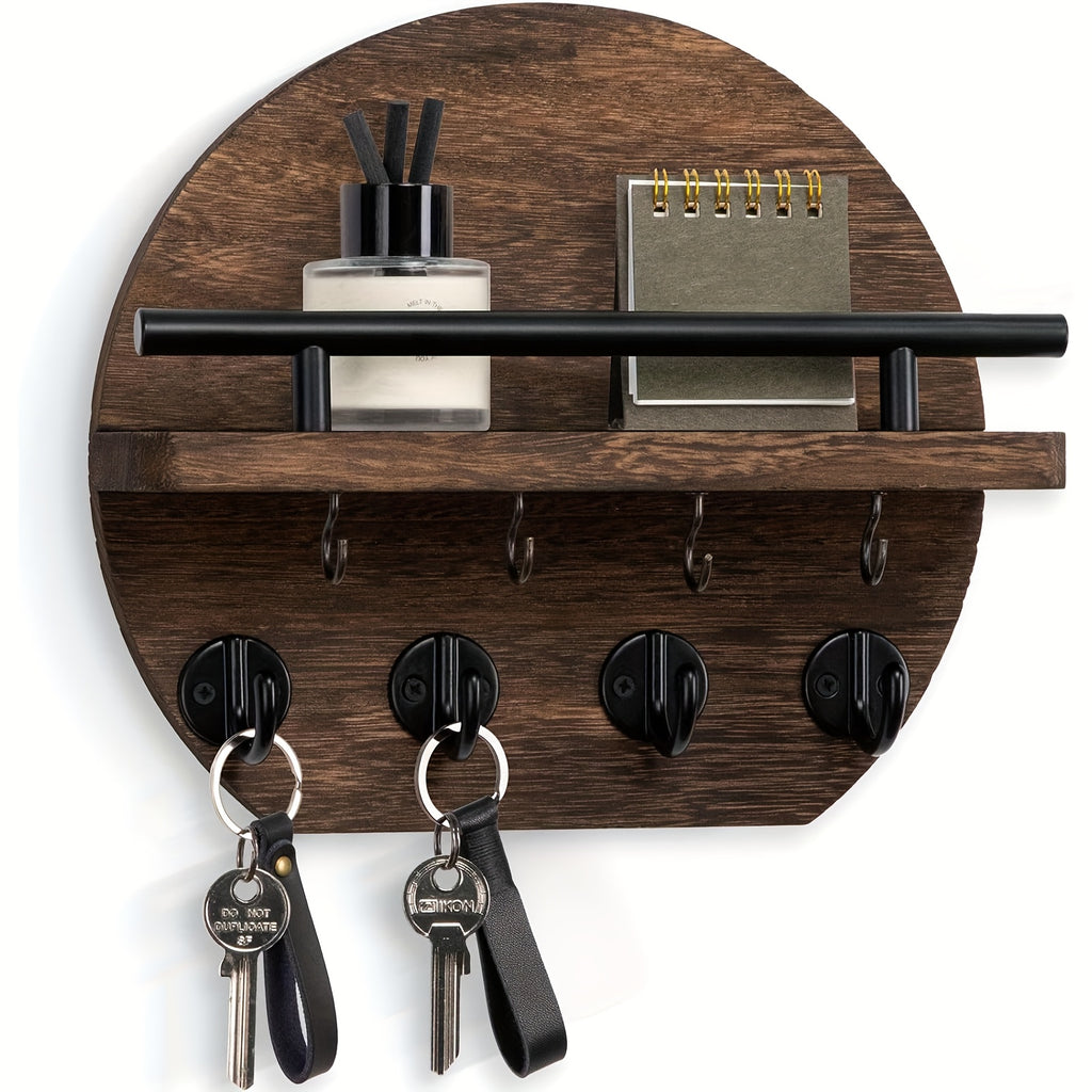 Key Holder with Shelf and Eight Hooks, Round Wooden Wall-Mounted Entryway Organizer in Brown or Natural for Hallway Keys and Everyday Small Accessories