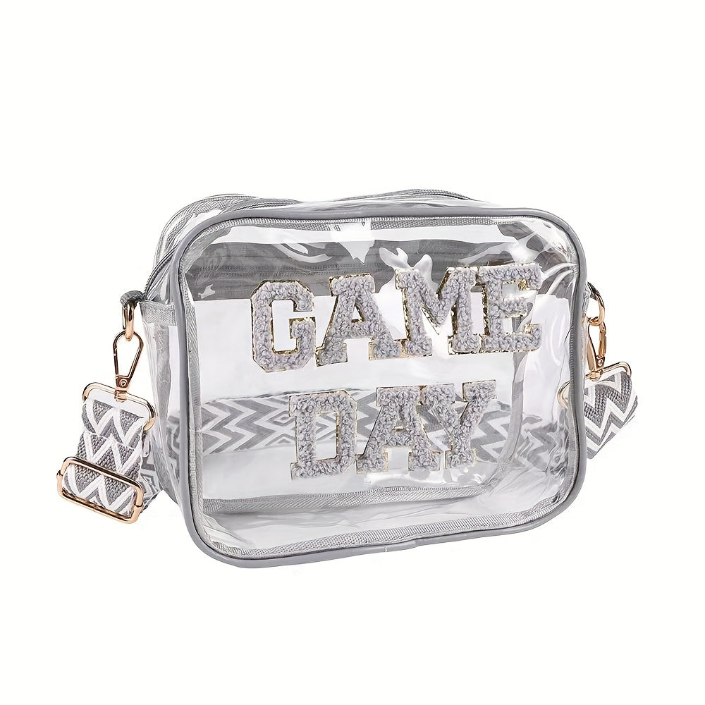 Transparent Square Crossbody Bag with Embroidered Letter Detail, Clear PVC Shoulder Accessory with Zipper Closure and Painted Edges in Grey, Orange or Red for Everyday Outings