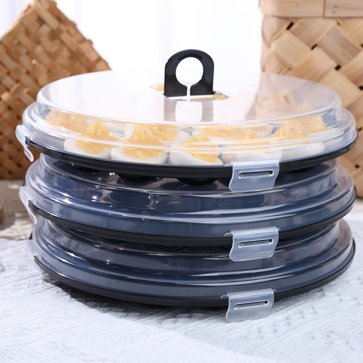 Deviled Egg Carriers with Lids and Folding Handles, Three 11.8-Inch Round Stackable PP Trays with 22 Slots Each for Party Prep, Serving and Upright Transport