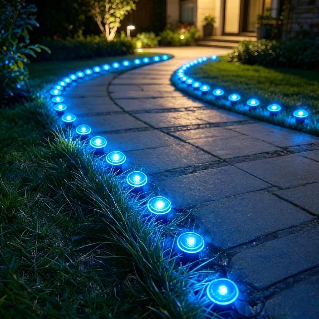 Purple or Blue Solar Lawn Stake Lights, 30 LED Style Options with Listed IP44 Rating for Garden Paths, Courtyards, Outdoor Parties and Wedding Decor