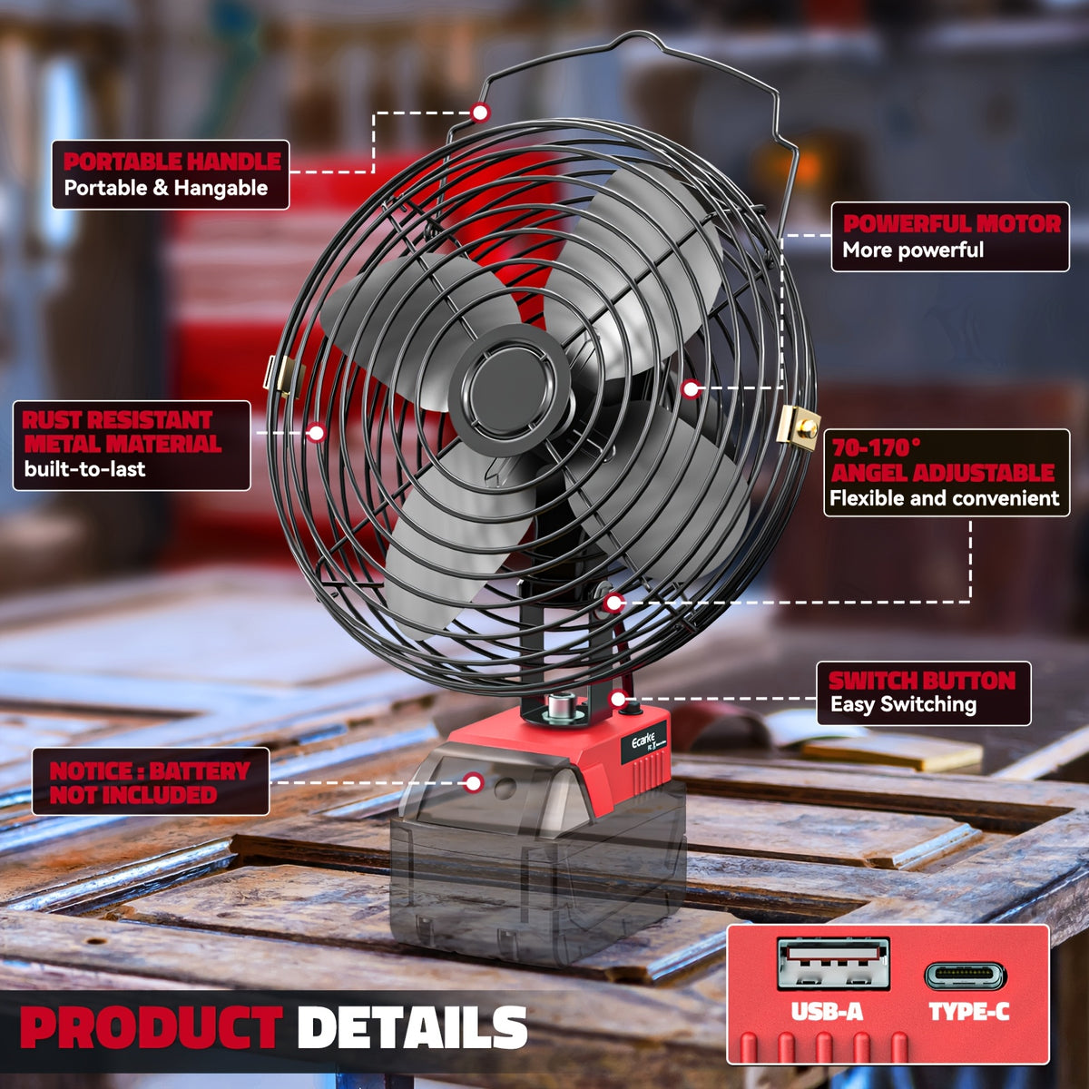 Cordless Jobsite Fan by Ecarke with 8-Inch Model Labels, USB-C Power Bank Feature and Low-Voltage Protection for Garage and Workshop Use, Battery Not Included