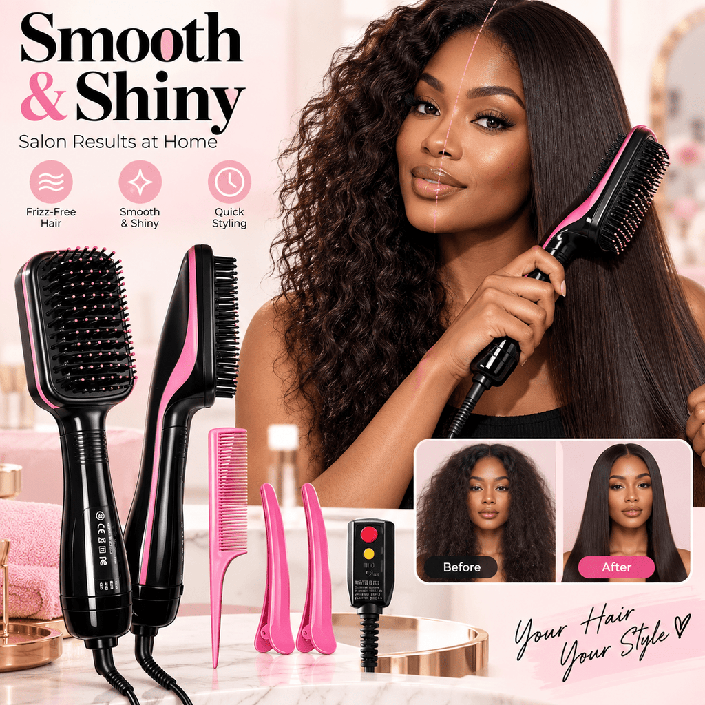 4-in-1 Hair Straightener Brush for Straightening, Curling, Volumizing and Drying, One-Step Blowout Styler with 2 Hair Clips and Rat-Tail Comb