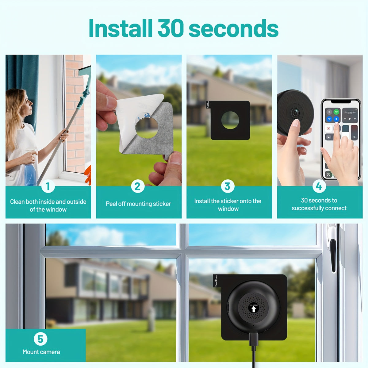 Peel-and-Stick Window Camera Two-Pack with Listed 3MP Imaging, Dual-Band WiFi, Color Night Vision, Detection Alerts and SD or Cloud Recording for Indoor Monitoring