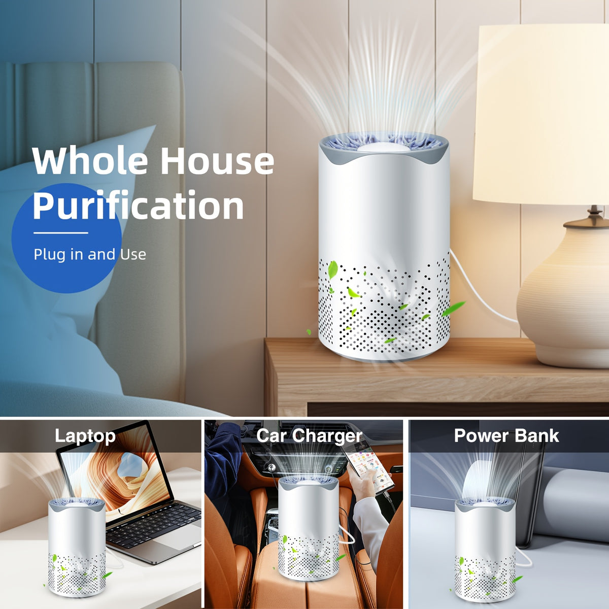 Compact Bedroom Air Purifier with Listed HEPA Filter, Sleep Mode and Scented Sponge, USB Plug-In Air Cleaner with One Machine and One Filter Element