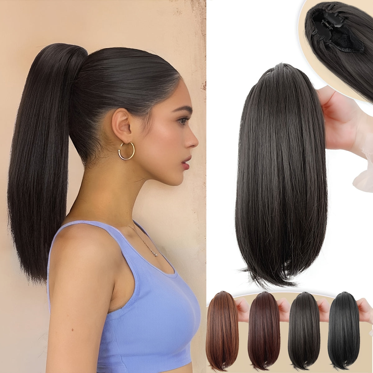10-Inch Curly Claw Clip Ponytail Extension, Short Synthetic Hairpiece for Women in Natural Black, Black Brown, 2/33 or Light Brown for Everyday and Occasion Styling