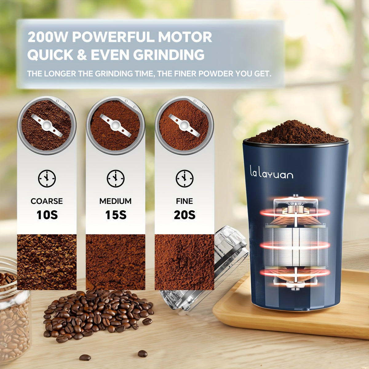 Coffee Bean Grinder with 200W Motor and Stainless Steel Chamber, One-Touch Electric Blade Mill for Home Coffee and Spice Prep, 2.7oz Capacity
