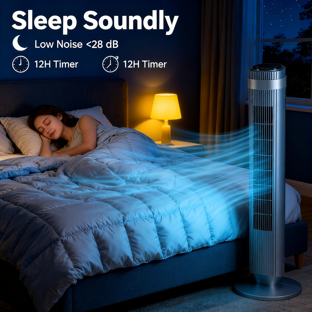 DC Motor Tower Fan with Remote Control, Bladeless Standing Fan with 5 Speeds, 4 Modes and 12-Hour Timer for Bedroom, Living Room and Home Office