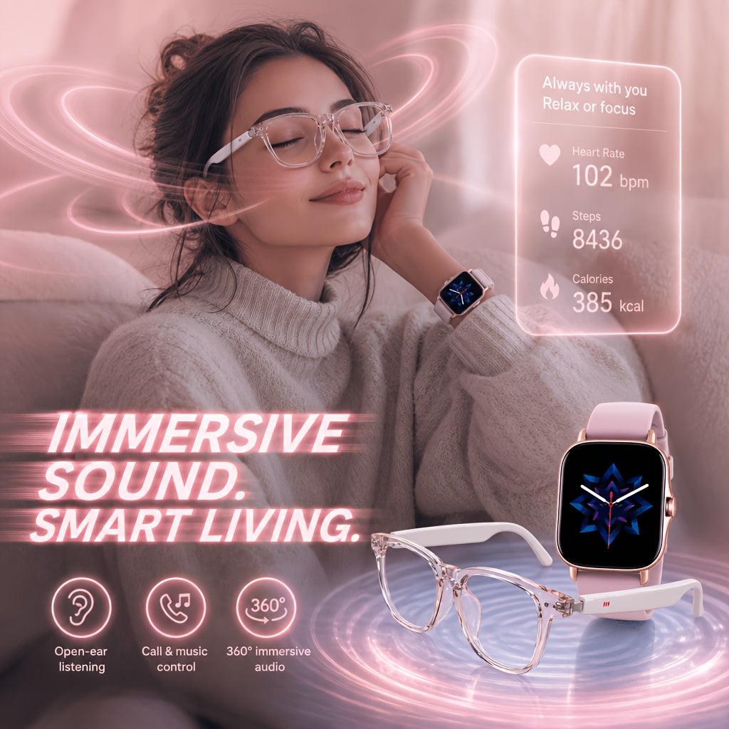 Open-Ear Translation Glasses and Smartwatch Set with Listed 160-Plus Language Functions, Music and Call Controls, Sleep and Activity Tracking, Four Style Labels