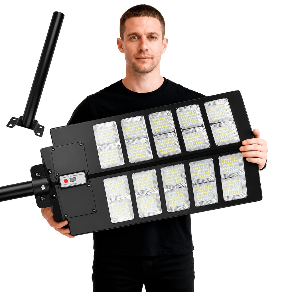 Solar Street Light with Motion Sensor and Remote Control, Matte Black Single-Pack 270, 360 or 800 LED Options with 6500K and Three Lighting Mode References