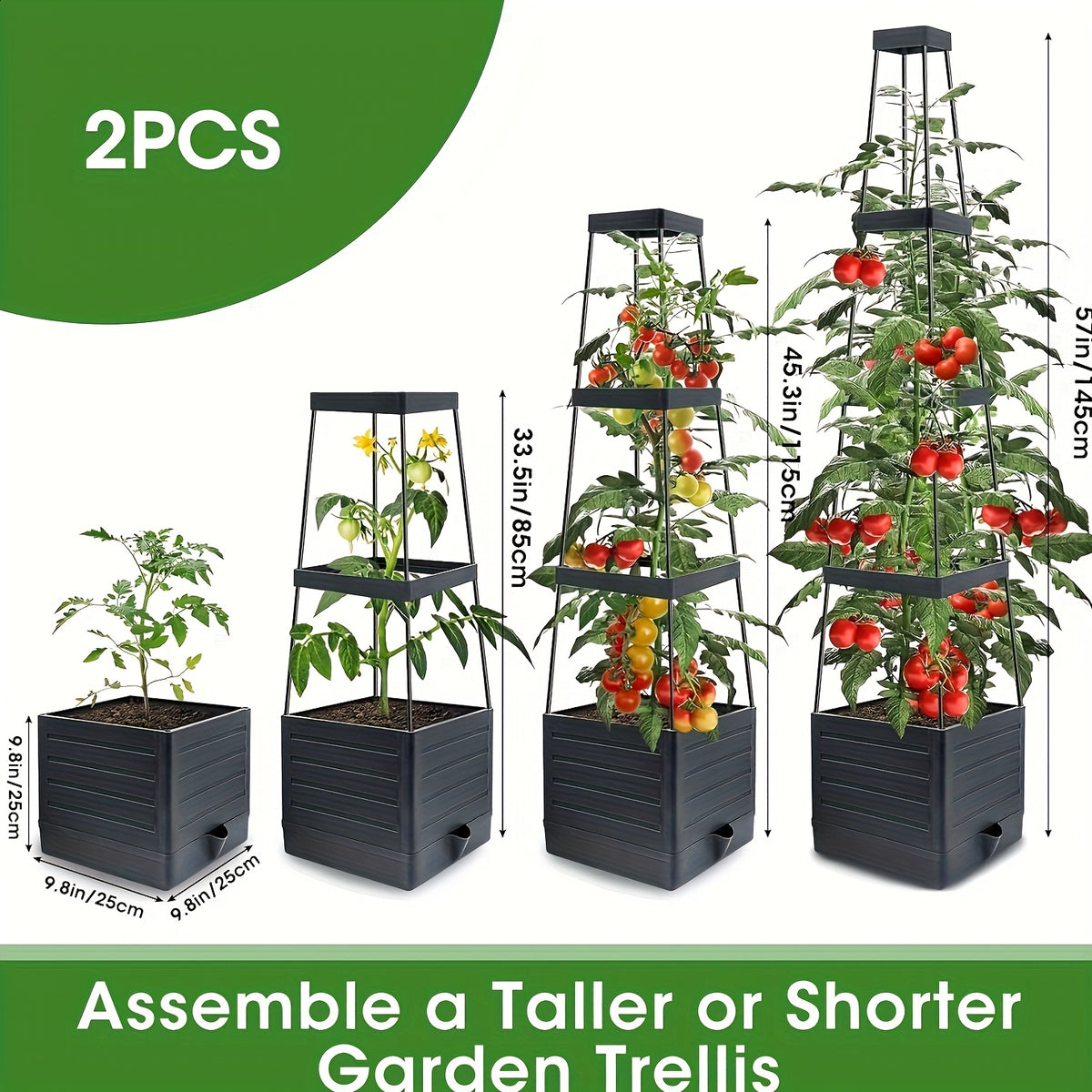 Tomato Planter with Trellis in One- or Two-Piece Options with Listed 57-Inch Size and Self-Watering Design for Climbing Vegetables, Patio and Greenhouse Gardening
