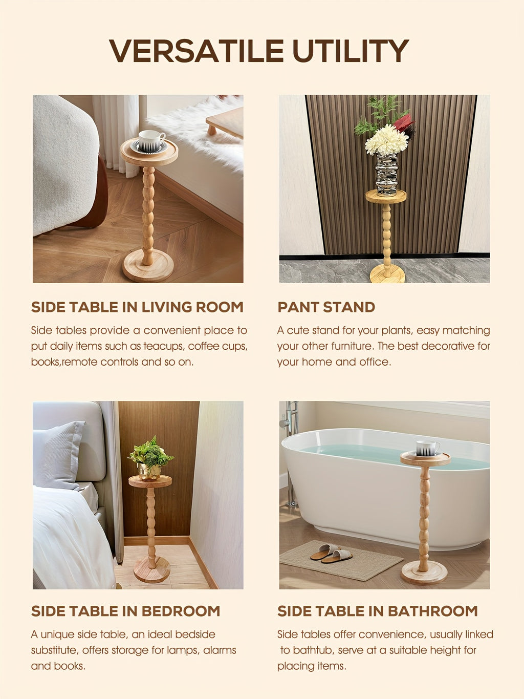 Pedestal Side Table with Heart, Clover, Gourd, Butterfly or Round Style Options, Wood, Walnut or Black Color Choices for Living Room and Bedroom Accents