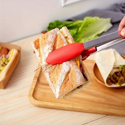 BBQ Tongs Set of 3 with Red Non-Slip Grips, 410 Stainless Steel Kitchen Food Tongs for Cooking, Grilling, Salad Serving and Everyday Meal Preparation