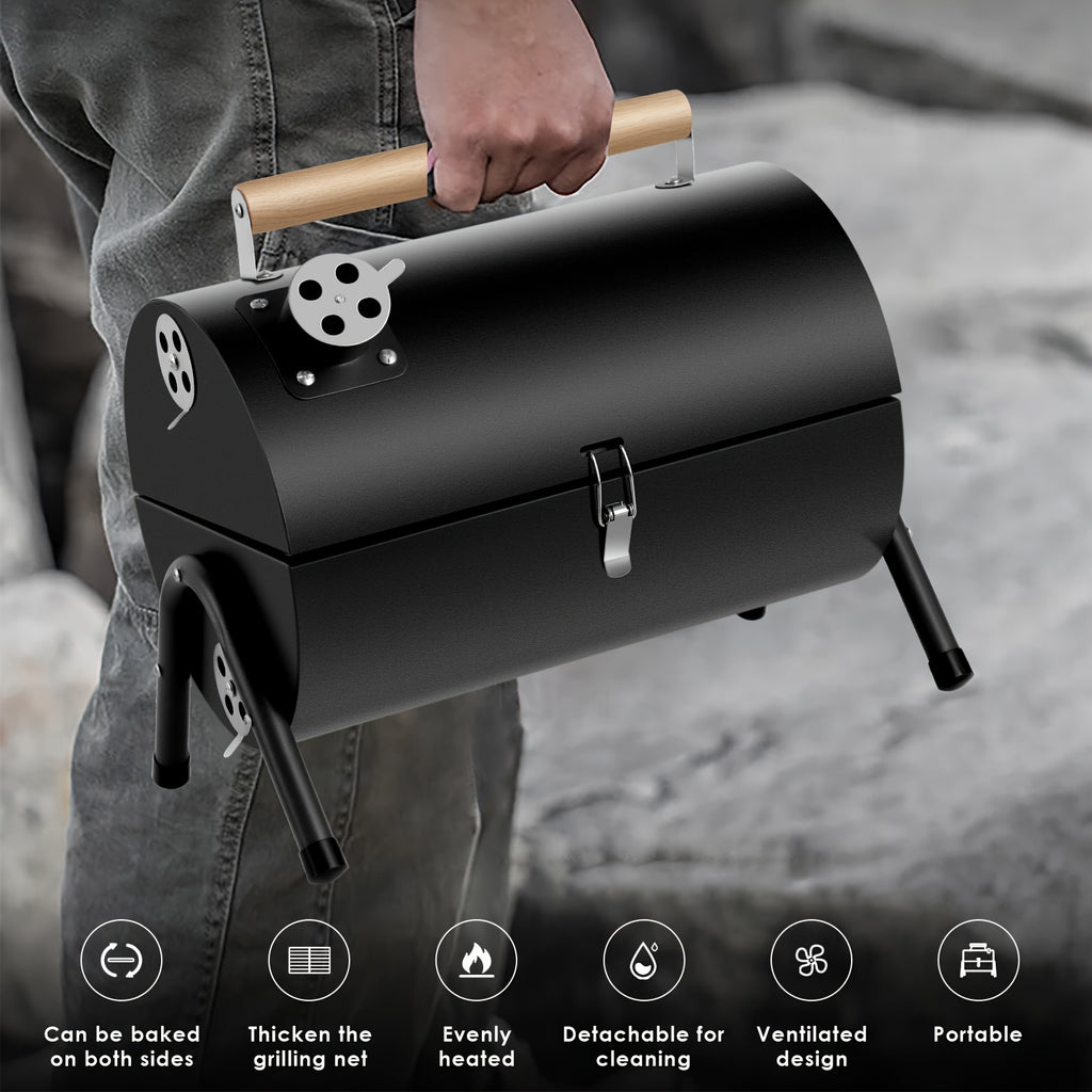 Barrel Charcoal BBQ Grill, Compact Foldable Black Outdoor Barbecue with Listed Double-Sided Griddle for Camping Meals, Picnic Cooking and Backyard Gatherings