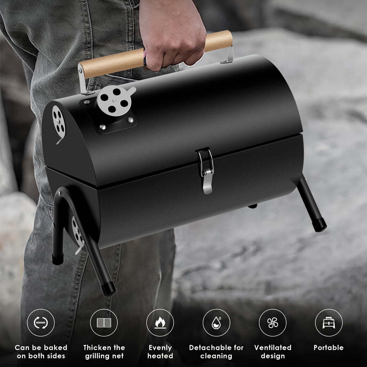 Barrel Charcoal BBQ Grill, Compact Foldable Black Outdoor Barbecue with Listed Double-Sided Griddle for Camping Meals, Picnic Cooking and Backyard Gatherings