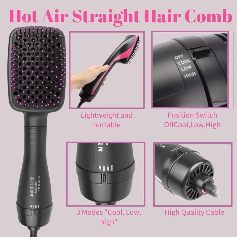 Ionic Hair Straightener Brush with 3-in-1 Hot Air Drying, Combing and Styling Functions, Pink or Yellow Hair Dryer Brush for At-Home Hair Routines