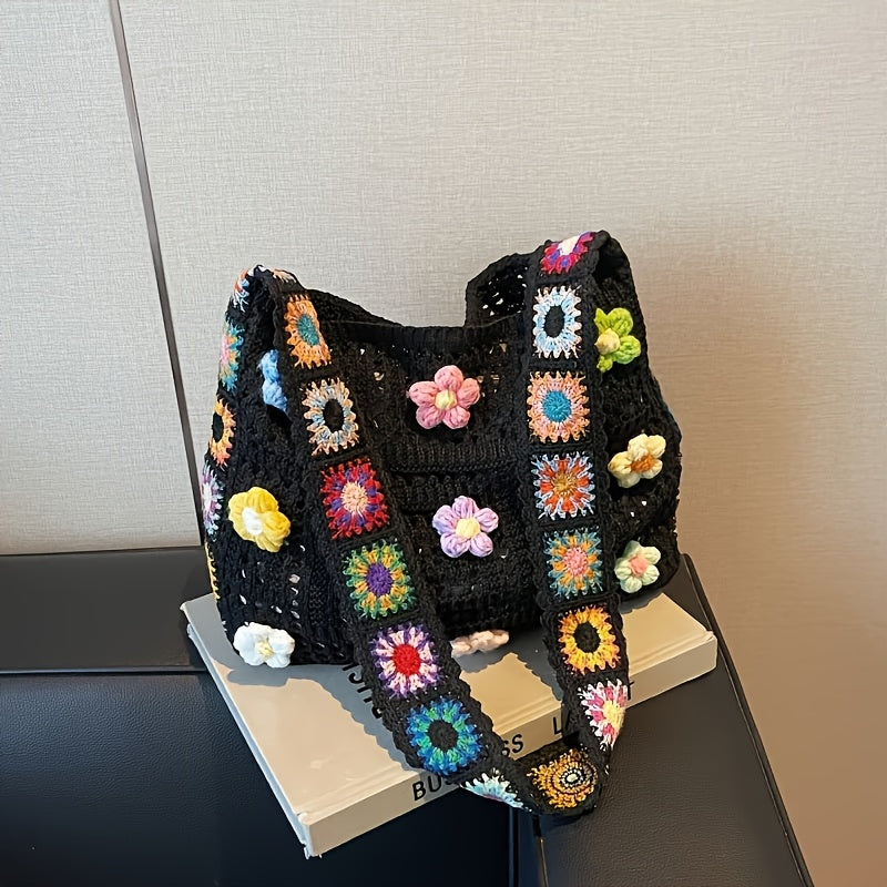 Boho Messenger Bag for Women with Hollow Flower Details and Contrast Fabric, Vintage-Inspired Casual Purse with Button Accents, No Closure and Seven Option Labels