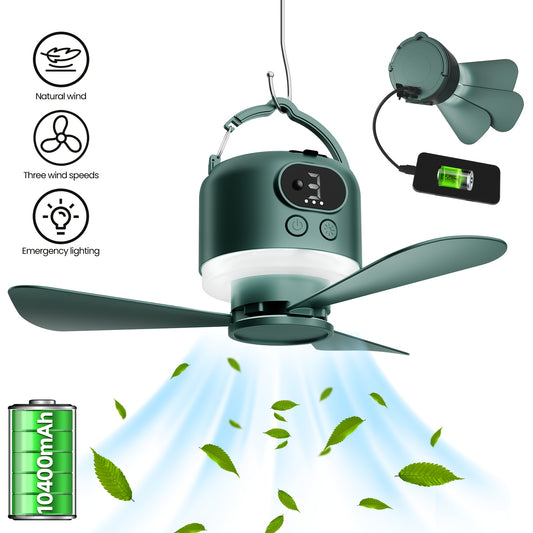 Camping Ceiling Fan with Light, 10400mAh Rechargeable USB Tent Fan Lamp, 4-Speed Quiet Hanging Fan for Tent, Dorm, RV, Remote Control, Power Bank Charges Phones, Multiple Colors