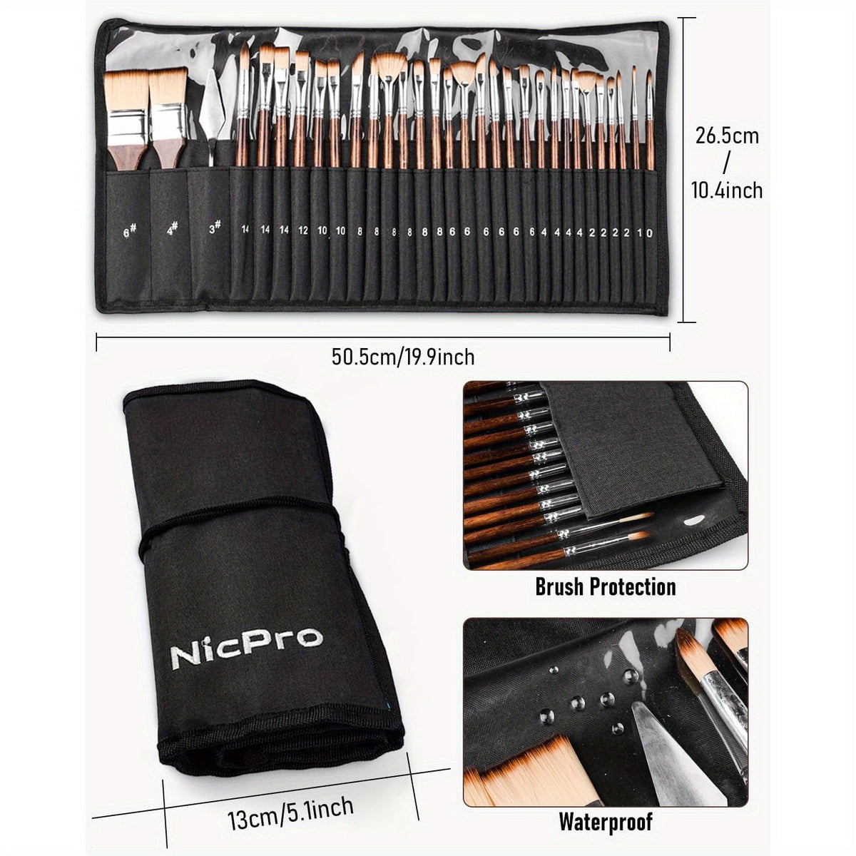 Nine-Shape Synthetic Paint Brush Set with Listed Palette Knife and Canvas Roll, Wooden, Black or Pastel Options for Acrylic, Oil, Watercolor and Gouache Art