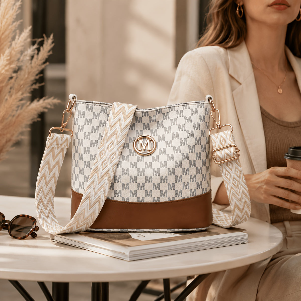 Patchwork Shoulder and Crossbody Bag with Vintage Styling and Wide Lettered Woven Strap, White or Brown Options for Workday Outings, Shopping and Dining