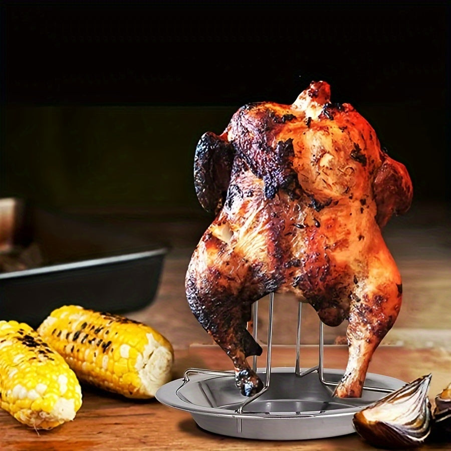 Chicken Roasting Rack with Drip Tray and Foldable Stainless Steel Design, Single Vertical Stand for Compatible Oven, Barbecue and Smoker Cooking