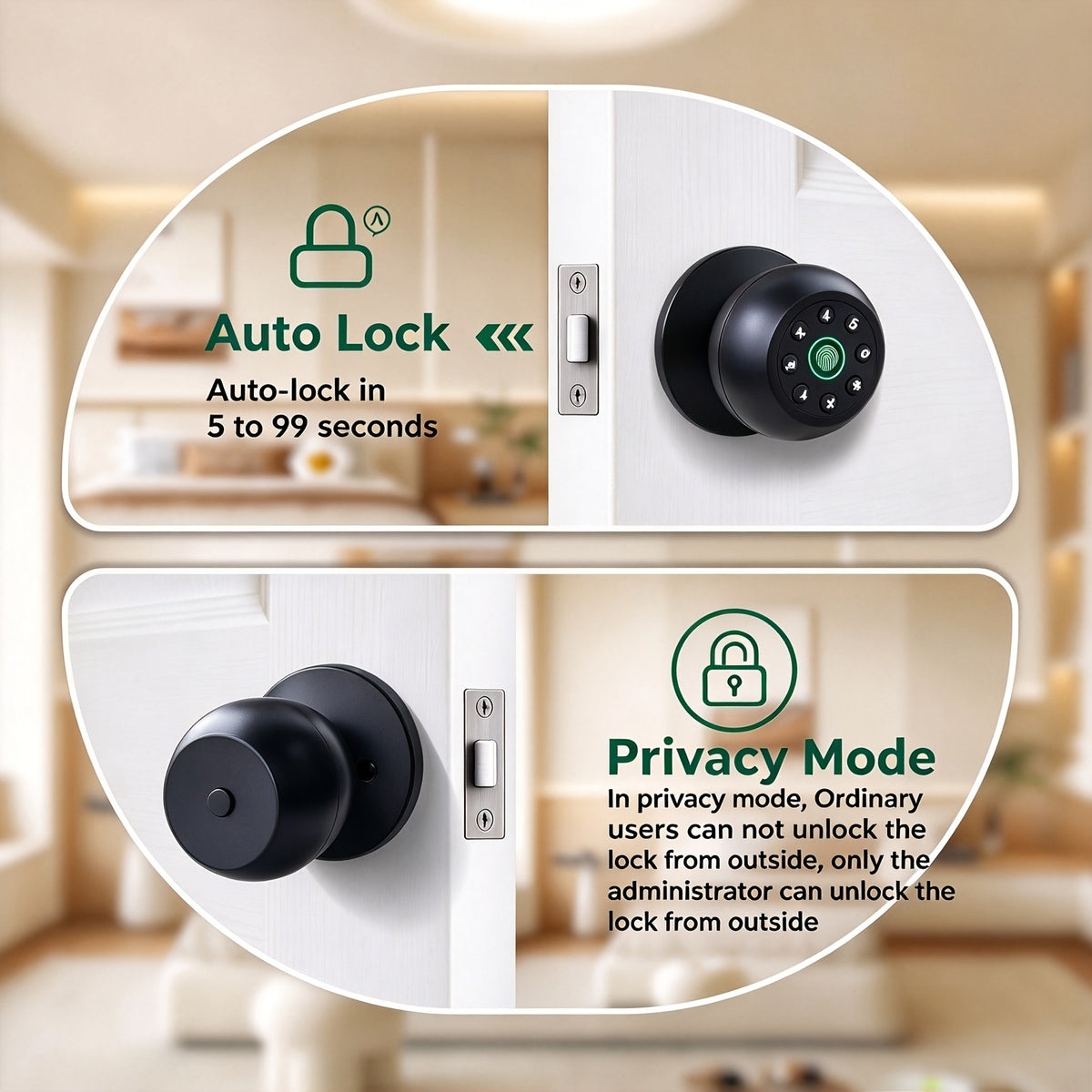 Matte Black Fingerprint Door Knob with Keypad, App Control and Auto Lock, Biometric Code Entry for Compatible Bedroom, Home and Office Doors
