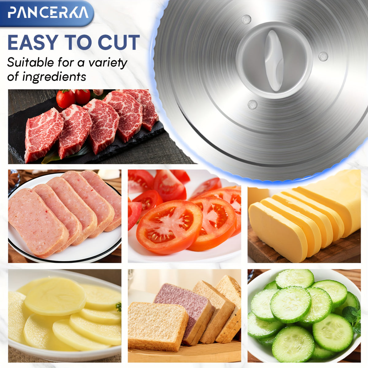 Adjustable Deli Food Slicer by PANCERKA in White, One Electric Cutting Machine with Listed 0–15mm Thickness Range and 130–200W Wording for Compatible Kitchen Foods