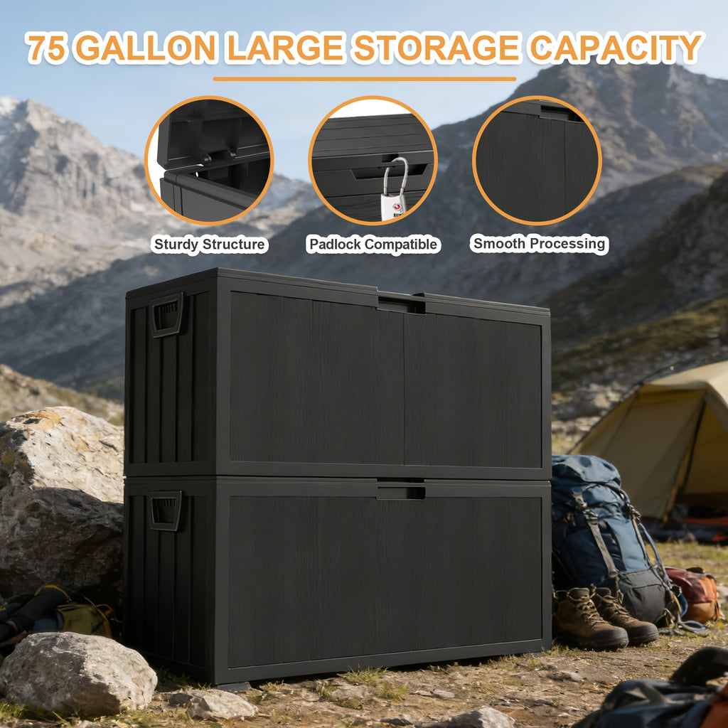 Outdoor Deck Storage Box in Black with Listed 75-Gallon Capacity, Locking Hole and Bottom Casters for Organizing Compatible Patio, Porch and Garden Essentials