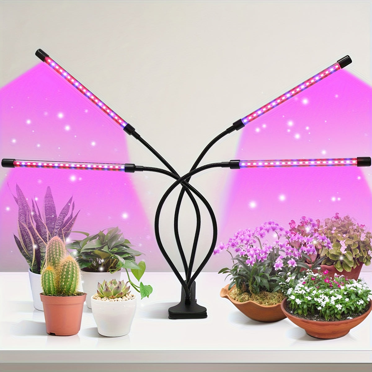 Clamp LED Grow Light with One, Three or Four-Tube Options, Listed Five Brightness Levels and 3, 9 or 12-Hour Timer for Indoor Plant Care and Home Gardening