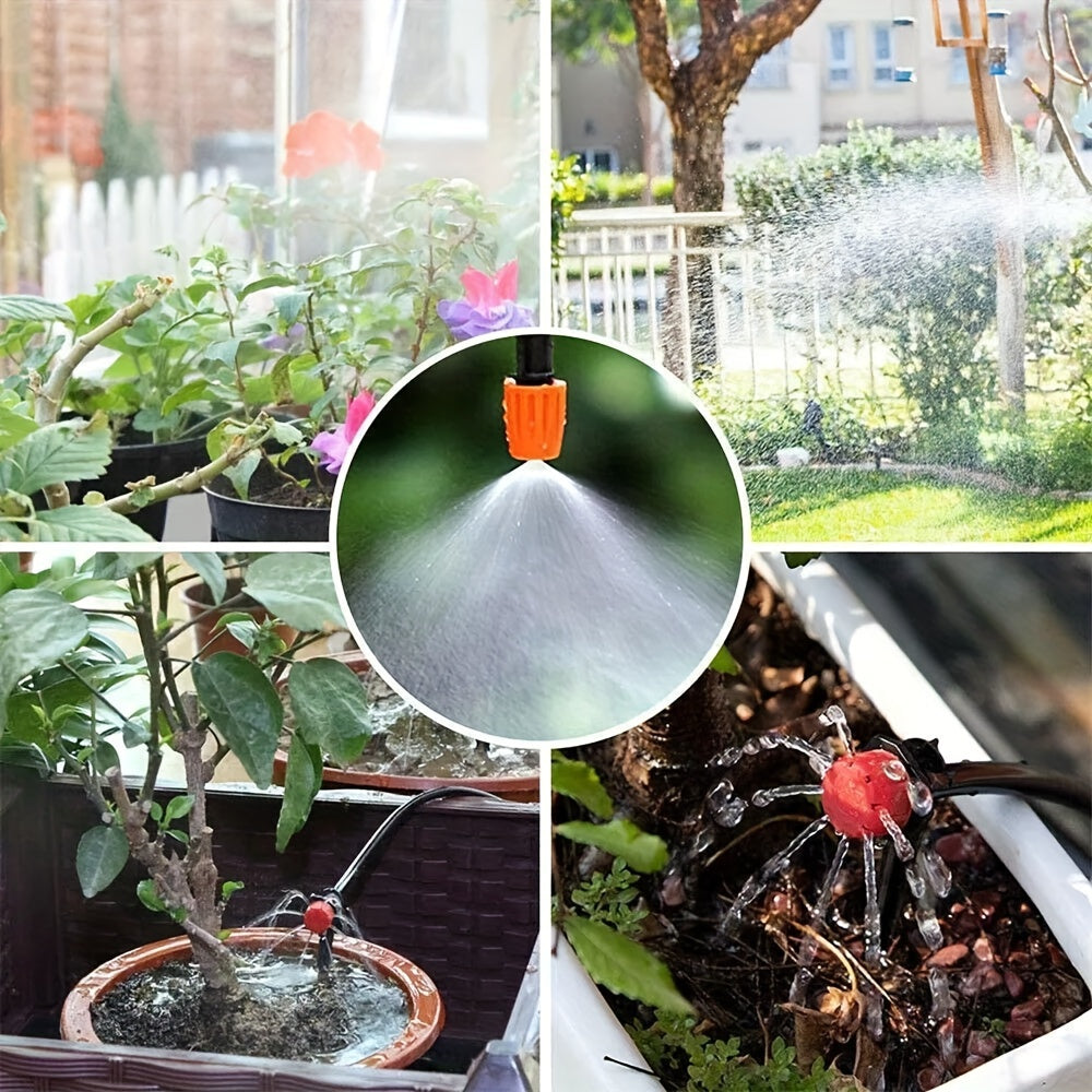 Drip Irrigation Kit with Adjustable Drippers and Spray Nozzle References, Flexible Vinyl Hose in 65ft and 100ft Options for Garden Beds and Patio Plants