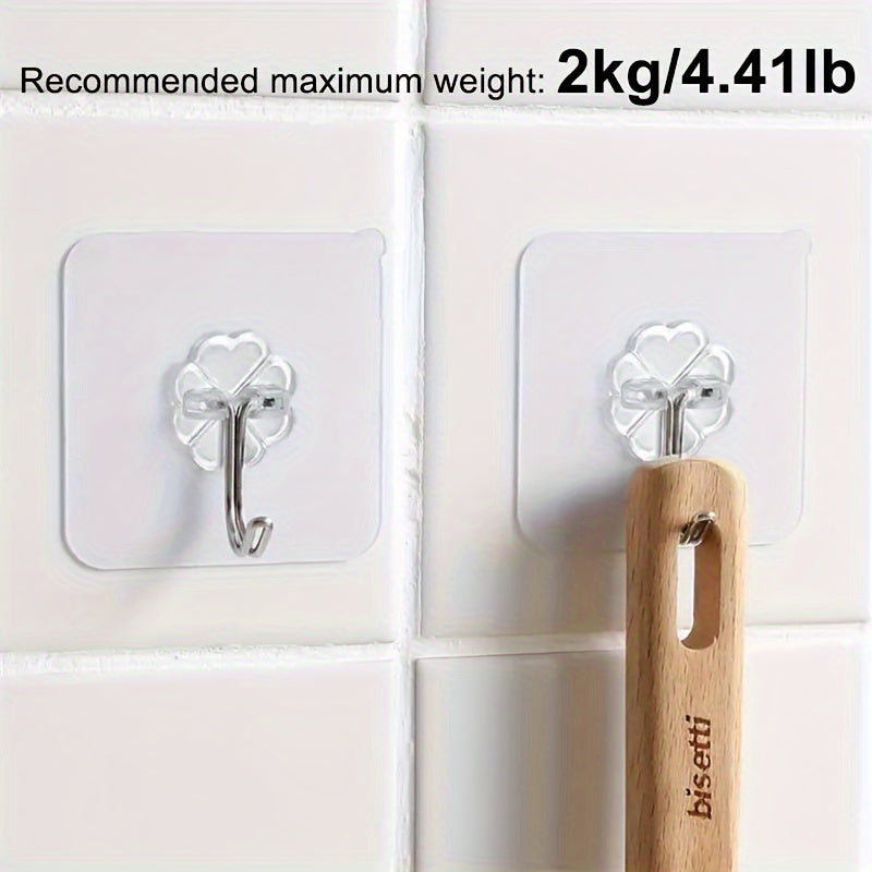Transparent Adhesive Hooks for Kitchen and Bathroom Organization, 30-Piece Plastic Wall Hook Set with No-Drill Mounting on Compatible Surfaces