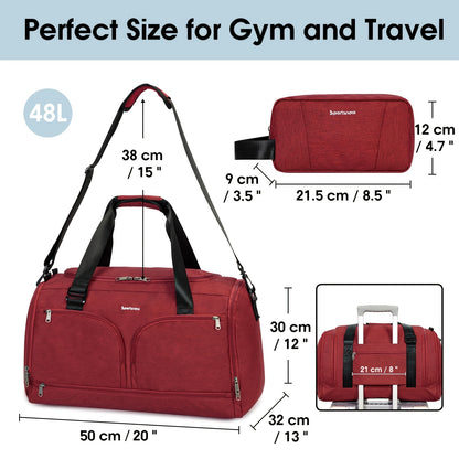 Travel Duffel Bag with Shoe Compartment and Wet Pocket, Adjustable Shoulder Strap and Bottle Holders for Men and Women, Gym and Weekend Trip Carry